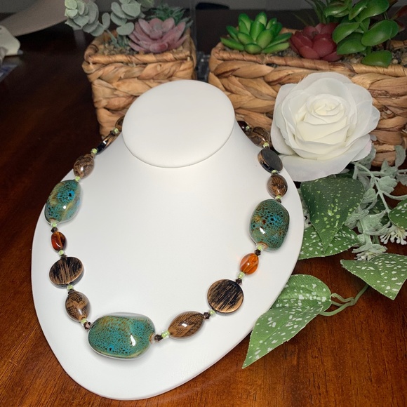 Jewelry - Ceramic and Glass Beaded Necklace in Shades of Amber, Muted Teal and Brown.